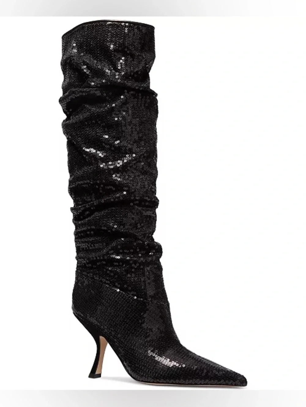 Black Sequin Knee-High Pointed Toe Heeled Boots - Women